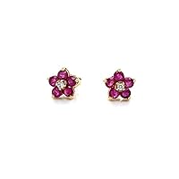 Round Cut Red Ruby 925 Sterling Silver 14K Yellow Gold Over Diamond Flower Cluster Stud Earrings