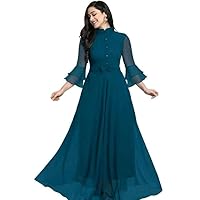 Om Impex Women's Georgette Traditional Ethnic Long Gown Western Dress with Collar Neck Flare Sleeve Pattern