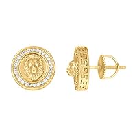 Jewelryweb - Sterling Silver Mens Cubic Zirconia Lion Head Stud Earrings - 10mm - Screw Back - Rhodium or Yellow Gold - Fashion Earrings for Men