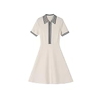 Spring Women Contrast Color Polo Collar Knitted Dress Tweed Slim Mid-Length Short-Sleeved Skirt