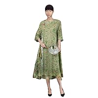 Women Summer Retro Crew Neck Thin Belt Chinese Hanfu Style Half Sleeve Loose Silk Print Dress 2733