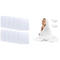 Baby Washcloths Muslin Cotton Baby Towels and 2 Pack Baby Hooded 9 Layer Muslin Cotton Towel Bundled