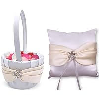 Satin White Ring Bearer Pillow & Flower Girl Basket, Classic Wedding Ring Holder, Elegant Basket with Ivory Satin Ribbon and Crystal Applique