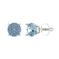 1.0 ct Brilliant Round Cut Solitaire Genuine Blue Simulated Diamond Pair of Stud Earrings Solid 18K White Gold Screw Back