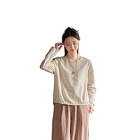 Women's V Neck Chinese Blouse Chinese Style Long Sleeve Cotton Linen Solid Shirt