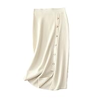 Autumn Winter Europe Style Thick Buttons 100% Cashmere Skirt Luxury Knit Solid Knee-Length Skirt