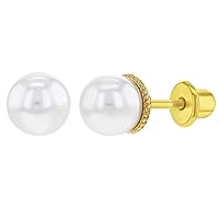 Classic White Simulated Pearl Rope Bezel Gold Plated Screw Back Baby Earrings - Timeless and Elegant Jewelry Perfect Accessories for All Occasions - For Infants, Toddlers, and Little Girls
