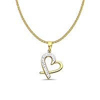14K Two Tone Gold Heart Pendant 23mmX15mm with 16 Inch To 22 Inch 1.2MM Width 14K Yellow Gold Flat Open Wheat Chain Necklace