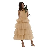 Women's Layered Tulle Prom Dresses Tea Length Princess Party Gown with High Neck Backless Evening Dress for Wedding