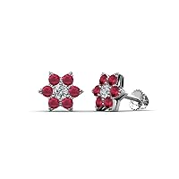 Natural Diamond & Ruby Women Flower Earrings 0.57 ctw 14K Gold