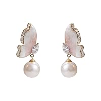 2pcs Gradual Butterfly Artificial Pearl Earrings Dangle for Women Girls 925 Sterling Silver Pin Dangle Earring Set