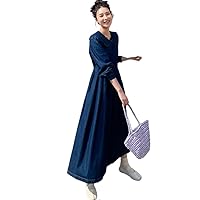 Summer Korean Collar Denim Dresses Casual Solid Color Loose Sleeve Women Dress