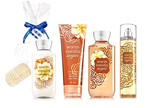 Bath & Body Works Warm Vanilla Sugar Gift Set - Body Lotion - Body Cream - Fragrance Mist & Shower Gel + FREE Sisal Sponge