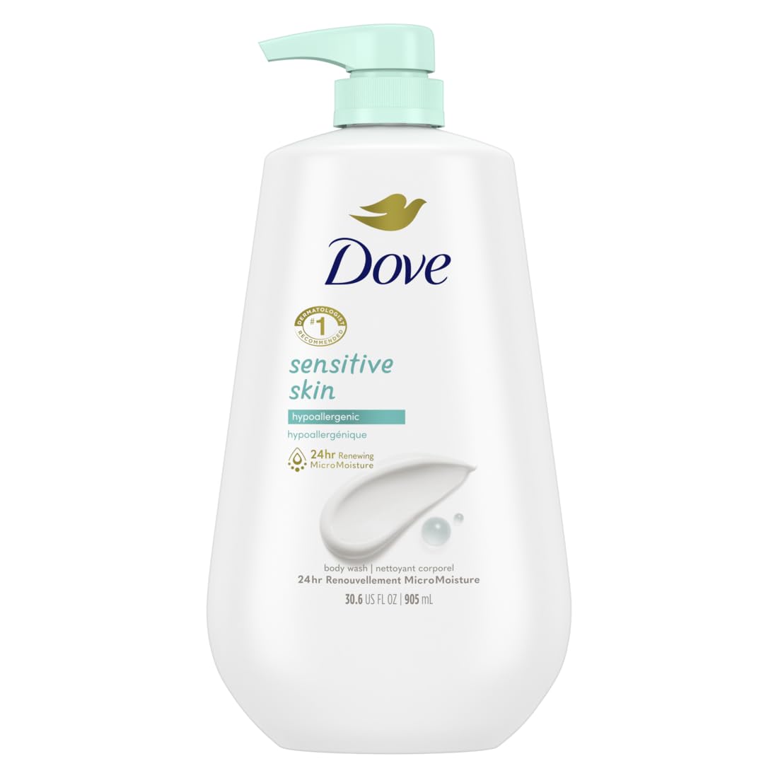 Dove Body Wash with Pump Sensitive Skin Hypoallergenic, Paraben-Free, Sulfate-Free, Cruelty-Free, Moisturizing Skin Cleanser Effectively Washes Away Bacteria While Nourishing Skin 30.6 oz