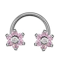 Davitu Body Jewelry - 1PC G23 Titanium Double Flower Crystal Horseshoe Rings Eyebrow Nose Piercing Earrings Tragus Rings Lip Piercings Fashion Jewelry - (Metal: Pink, Main Stone: 1.2x10x6.6x6.6mm)