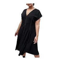 Women Plus Size Sexy V-Neck A-Line Dress Contrast Stitching Short Sleeve Fit and Flare Midi Dress