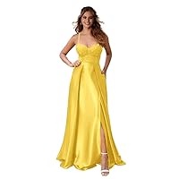 Women Lace Prom Dress Long Split Spaghetti Straps A Line Formal Evening Gowns Satin Bridesmaid Dresses with Pocket