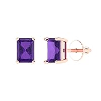 1.0 ct Emerald Cut Solitaire Fine Natural Purple Amethyst Pair of Stud Everyday Earrings Solid 18K Pink Rose Gold Screw Back