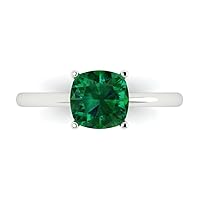 2.1 ct Cushion Cut Solitaire Simulated Emerald Classic Anniversary Promise Engagement ring Solid 18K White Gold for Women