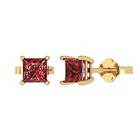 2.0 ct Princess Cut Solitaire VVS1 Natural Red Garnet Pair of Stud Earrings Solid 18K Yellow Gold Butterfly Push Back