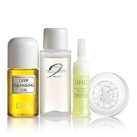 DHC Olive Essentials Travel Set, Japanese 4-step routine, Deep Cleansing Oil, Mild Soap, Mild Lotion, Olive Virgin Oil, Fragrance and Colorant Free, Ideal for all skin types