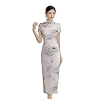 2022 Mandarin Faux Silk Long Cheongam Qipao Dress with Split for Women