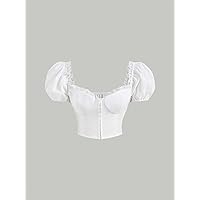 Women's Tops Shirts Sexy Tops for Women Sweetheart Neck Puff Sleeve Hook and Eye Front Crop Blouse Shirts for Women (Color : White, Size : Medium)
