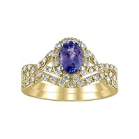 10K Gold 3/8Ct Oval Cut Tanzanite and Diamond Halo Wedding Bridal Rings Set (I2 clarity, H-I color)