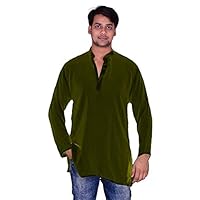 Men's Indian T-Shirt Tops Shirt Kurta Solid Bottle Green Color Tunic 100% Cotton Big Tall