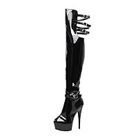 6Inch Gothic Over The Knee Boots 15cm Belt Buckle Thin Heels Patent Leather Strip Pole Dance Round Toe Sexy Fetish Crossdress