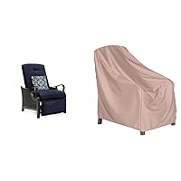 Hanover Ventura Modern Outdoor Wicker Reclining Lounge Chair with Thick Foam Weather-Resistant Navy Blue Cushions and Rust-Resistant & Outdoor Furniture Cover for Recliner, Waterproof