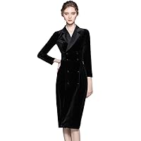 Vintage Fleece Dress Women's Notched Collar Long Sleeve Slim Double Breasted Knee Length Party Dress Vestidos