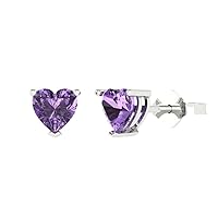 1.0 ct Heart Cut Solitaire Genuine Simulated Alexandrite Pair of Designer Stud Earrings Solid 14k White Gold Push Back