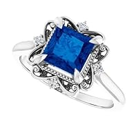 Vintage 1.5 CT Square Blue Sapphire Engagement Ring 10k White Gold, Victorian Halo Princess Cut Natural Blue Sapphire Diamond Ring, Antique Ring