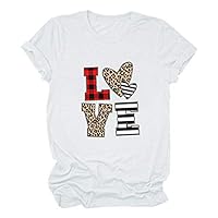 Womens Leopard Plaid Love Letter Graphic T-Shirt Valentines Day Casual Short Sleeve Tee Shirt Vintage Crewneck Tops
