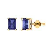 2.0 ct Emerald Cut Solitaire Simulated Tanzanite Pair of Stud Everyday Earrings Solid 18K Yellow Gold Butterfly Push Back