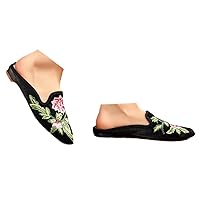 Flowers Embroidered Women Flannel Cotton Mules Slippers Close Pointed Toe All Season Leisure Ladies Flat Shoes
