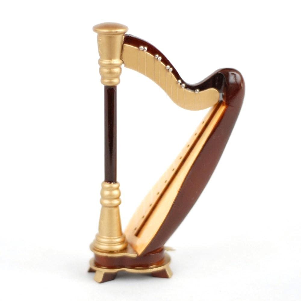 Dollhouse Walnut Orchestral Harp Miniature Music Room Instrument Accessory