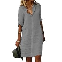 Akivide Women Button Down Half Sleeve Linen Shirt Dress Casual Collared V Neck Loose Knee Length Dress with Pockets