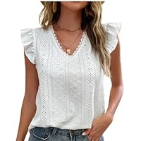 Women's Knitted V-Neck Lace Small Flying Sleeve Top - Casual Elegance for Everyday Fashion