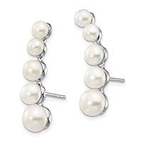 925 Sterling Silver White 4 6mm Button Freshwater Cultured Pearl Post Ear Climber Earrings