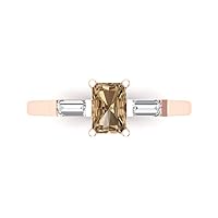 1.02ct Emerald Baguette cut 3 stone Solitaire accent Brown Champagne Simulated Diamond designer Modern Ring 14k Rose Gold