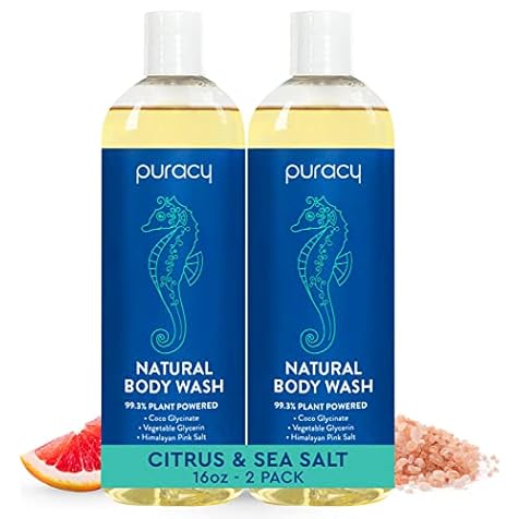 Puracy Body Wash, Natural Body Wash, 98.6% Pure Plant Ingredients, Moisturizing Shower Gel for Women Men Kids, Body Soap for Dry Sensitive Skin. Gently Scented with Citrus & Sea Salt, 16 Oz (2-Pack)