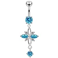 Fancy Cross Design Dangling 925 Sterling Silver with Stainless Steel Belly Button Navel Rings