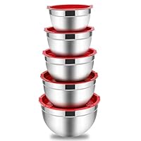 Mixing Bowls with Lids Set of 5, Stainless Steel Red Mixing Bowls Metal Nesting Bowls with Airtight Lids for Cooking, Baking, Serving