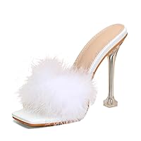 Women Rabbit White Fur Clear PVC Slippers Square Toe Stilettos Slides Transparent Crystal High Heels Sandals Mules Party Shoes Glass Heels