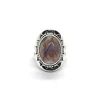November Birthstone Natural Labradorite Solitaire Ring For Women 925 Sterling Silver Boho Ring Jewelry Oval Shape Gemstone Promise Ring For Gift Size (US 4.5)