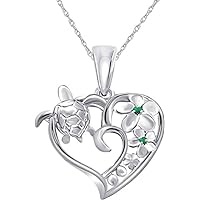 14K White Gold Plated in .925 Sterling Silver Hawaiian Plumeria Flower Sea Turtle Honu Heart Pendant 18''Chain Necklace CZ Emerald Round