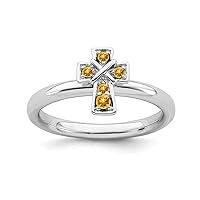 Solid 925 Sterling Silver Round Citrine Gemstone Christian Cross Style Women Stackable Ring