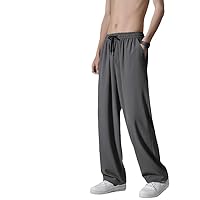 Solid Color Loose Wide-Leg Drawstring Pants for Men - Summer Thin Casual Ice Silk Trousers